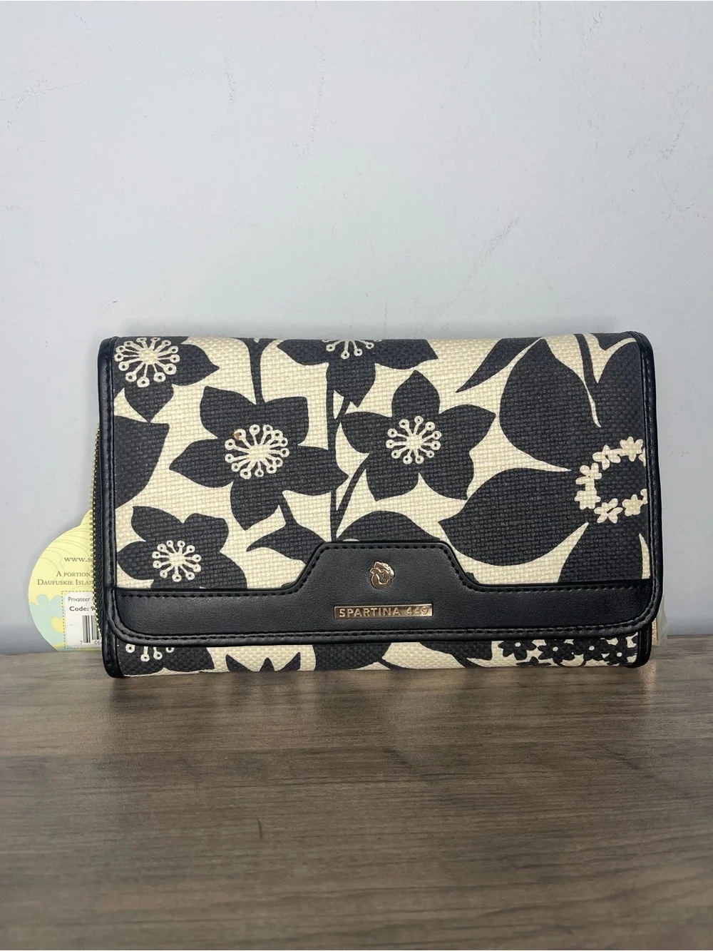 Spartina 449 snap wallet large floral linen leather black new